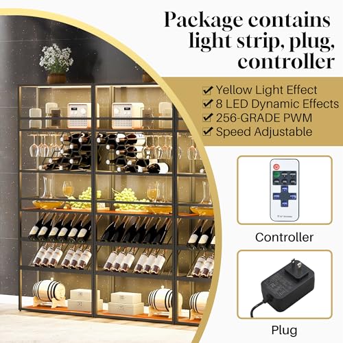 Merax 7-Tier Wine Rack with LED Lights & Glass Holder, Black Gold L47262