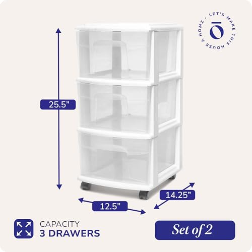 HOMZ 3-Tier Clear Plastic Storage Organizer Cart with Wheels, Black Frame M4715