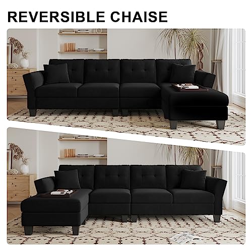 Belffin Velvet Sectional Couch L Shaped Sofa with Chaise, Black O54126