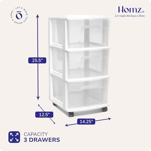 HOMZ 3-Tier Clear Plastic Storage Organizer Cart with Wheels, Black Frame M4715
