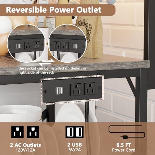 Furologee Bakers Rack with Power Outlet and LED Light, 4-Tier Microwave Stand, Rustic Brown M537