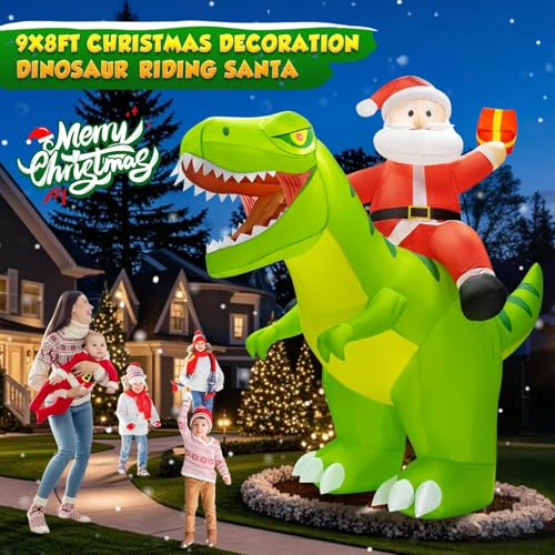 9x8FT Christmas Inflatables Outdoor Santa Riding Dinosaur with LED Lights J950277