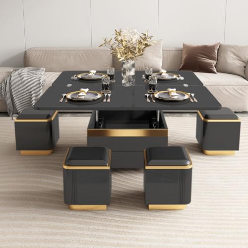 Lift Top Coffee Table with Storage and 4 Stools, Black C543603