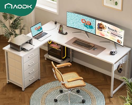 AODK L Shaped Gaming Desk with 4 Drawers, Power Outlets, Black P81263