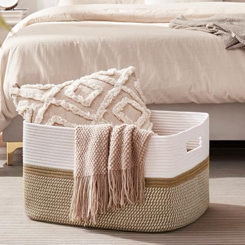OIAHOMY Large Rectangle Woven Blanket Basket with Handle, Gradient Blue B58762