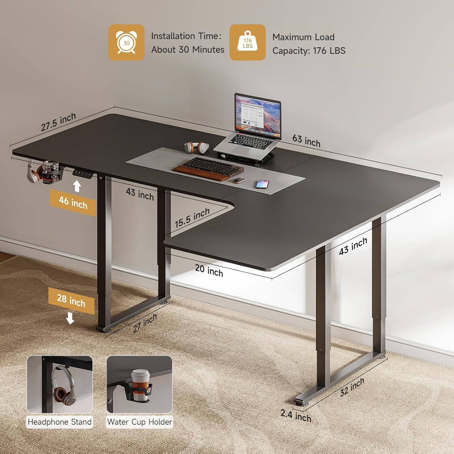 L Shaped Standing Desk 63x43 Inches with Dual Motor Memory Controller, Black Q887678