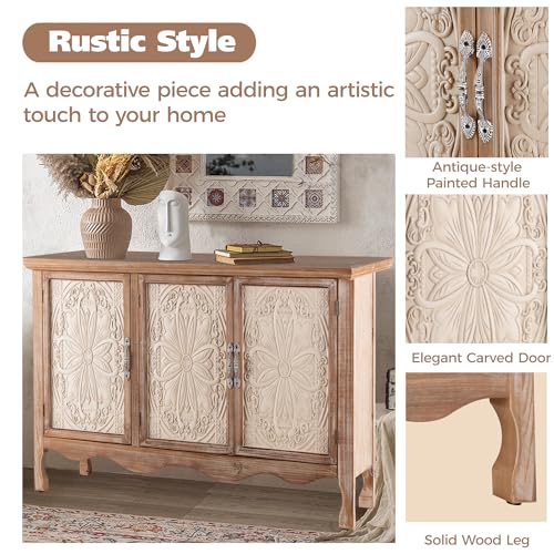 Vintage Sideboard Buffet Cabinet with 3 Carved Doors, Wash Grey V2636