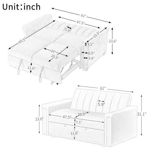 3 in 1 Convertible Sleeper Sofa Bed with Adjustable Backrest, Beige W32597