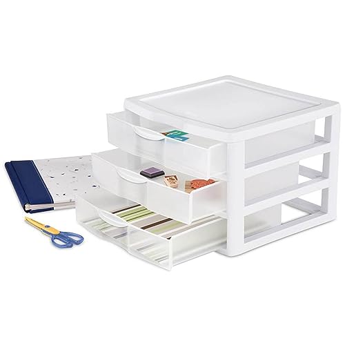 Sterilite 3-Pack Wide 3 Drawer Unit, Plastic Desktop Organizer, White Frame X750