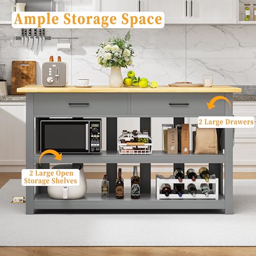 47.3" Solid Rubberwood Kitchen Island with Power Outlets, Grey E752