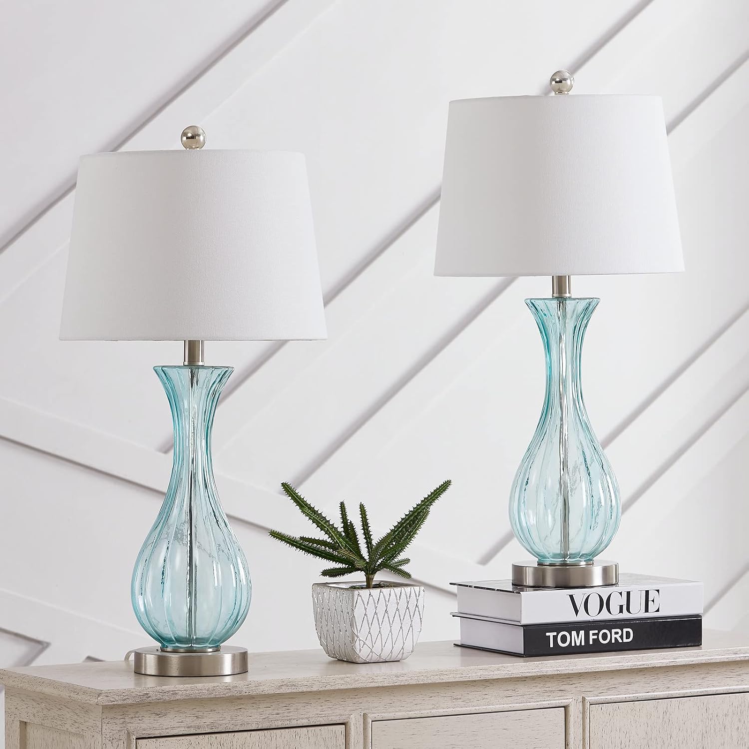 Maxax Coastal Glass Table Lamps Set of 2, Blue Bedside Lamps with White Shade H247715