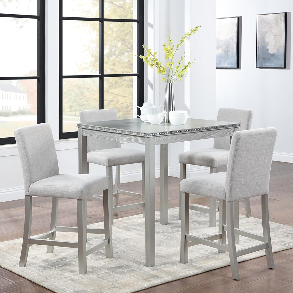 Acacia Wood Counter Height Dining Table Set with 4 Upholstered Chairs, Grey H9064