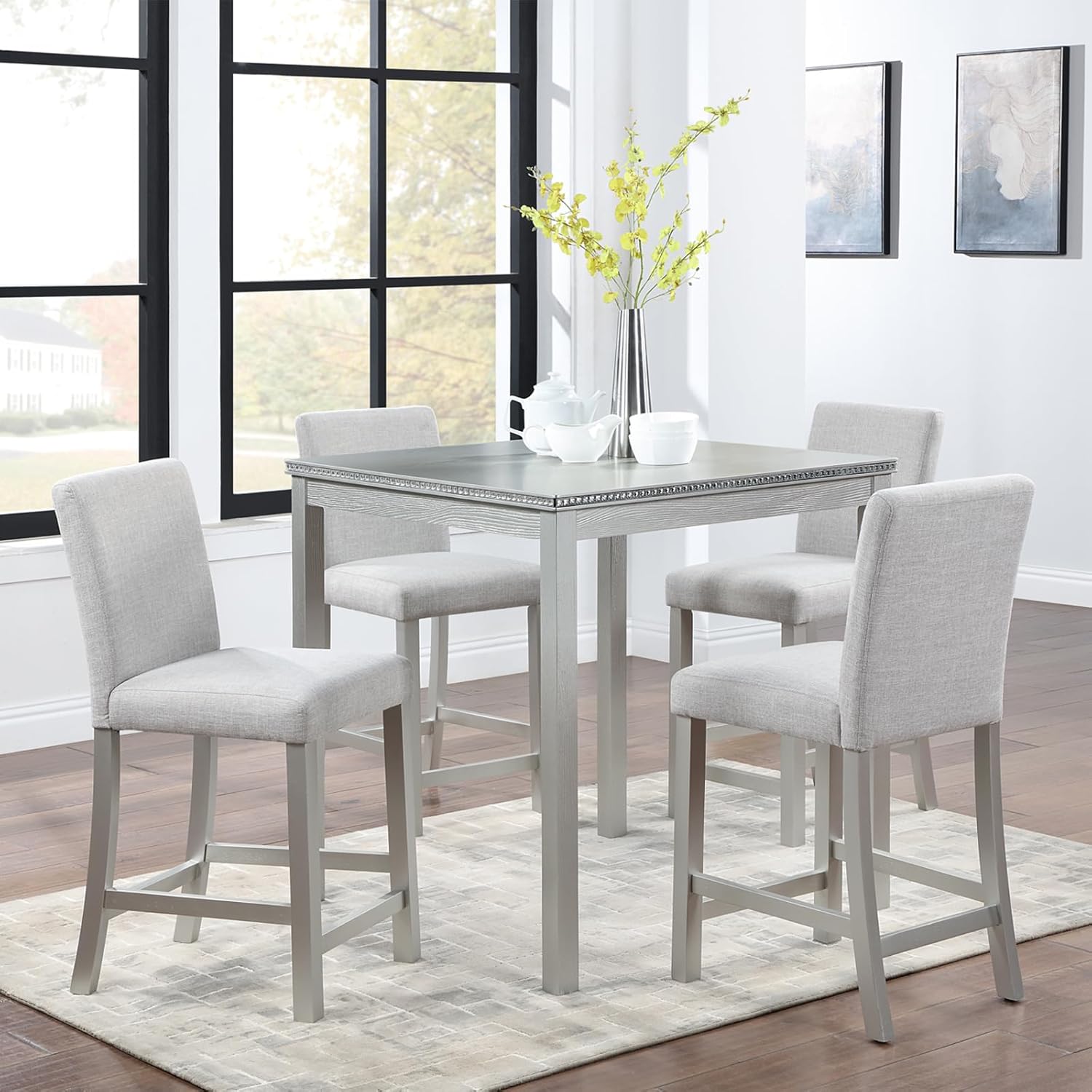 Acacia Wood Counter Height Dining Table Set with 4 Upholstered Chairs, Grey H9064