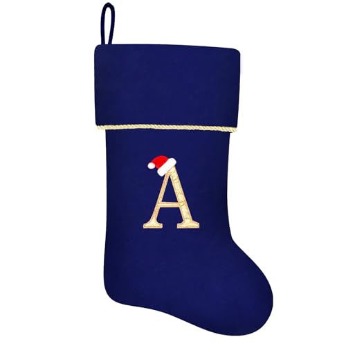 20 Inches Initial Monogram Blue Velvet Christmas Stocking with Gold Trim U394