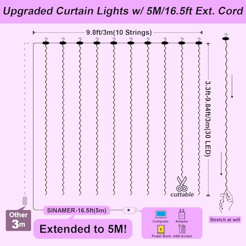 600LED Curtain Lights for Bedroom, Warm White, 8 Modes Y367582