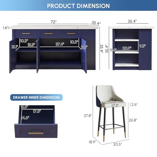 homary 72" Kitchen Island with Storage, White Dining Table with Seating & 3 Drawers H6352