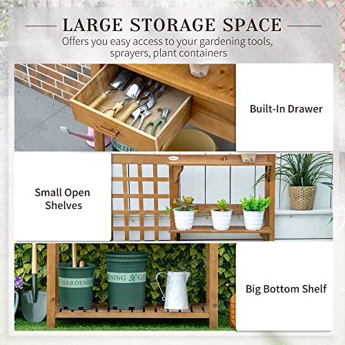 Outsunny Potting Bench Table, Outdoor Wooden Workstation with Shelves and Drawer Z303163
