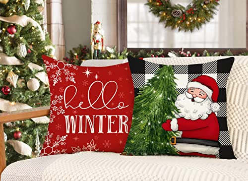 Red Christmas Pillow Covers 18x18 Set of 4 Farmhouse Snowman Santa Tree V263