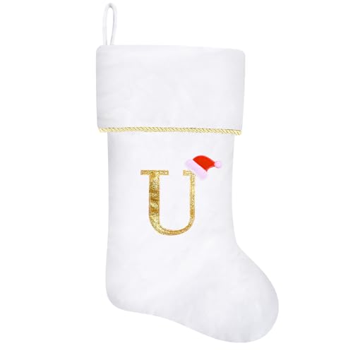 20 Inches Initial Monogram Blue Velvet Christmas Stocking with Gold Trim U394