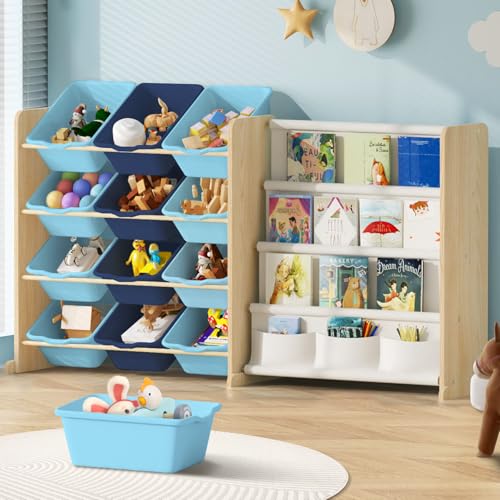 Kids Toy Storage Organizer with Bookshelf, 12 Bin, 4 Shelf, Burlywood E313566