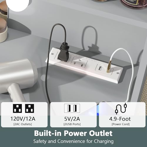 Quimoo Large Vanity Desk with LED Mirror & Power Outlet, White L335