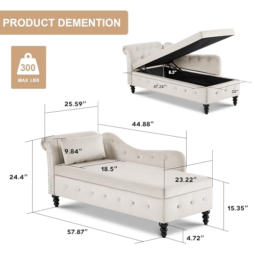 Tufted Velvet Chaise Lounge with Storage, Beige Y118