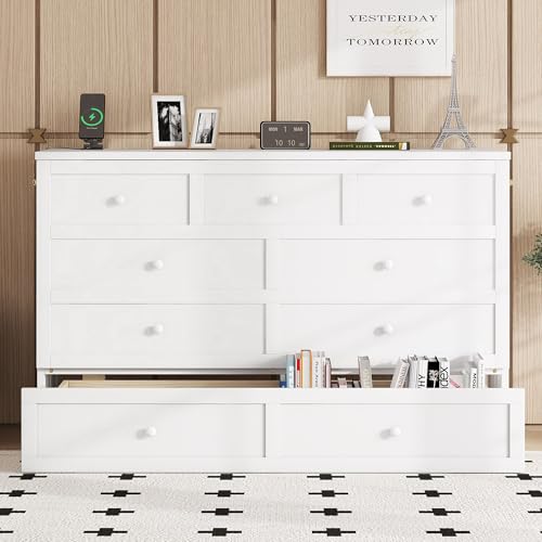 KEIKI Queen Size Murphy Bed with Charging Station and Drawer, Walnut B45816