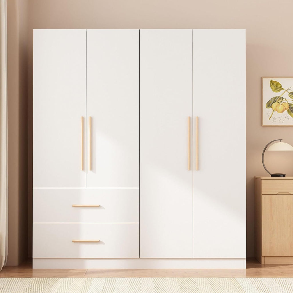Tall Wooden Wardrobe Armoire 4-Door 2-Drawer White L364713