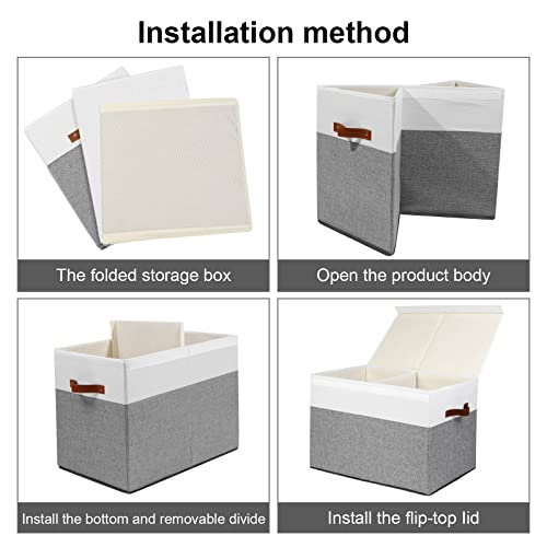 Large Toy Storage Box with Lid and Dividers for Kids, Beige and White X95078