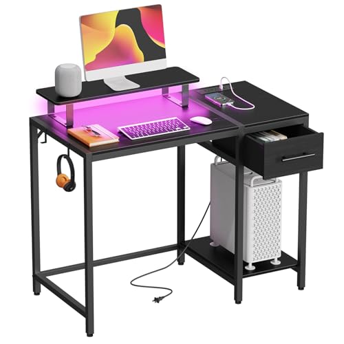 55 inch Computer Desk with Drawers, Power Outlet and LED Light, Rustic Brown K308484