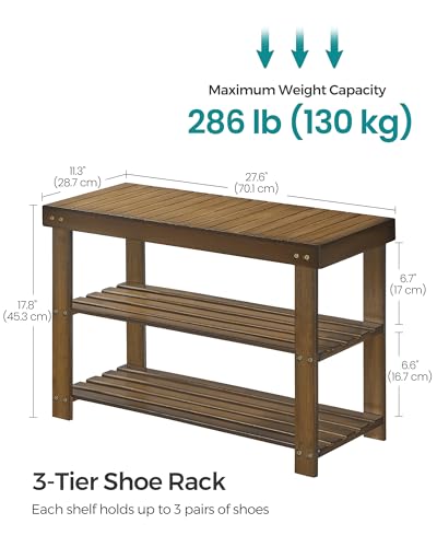 SONGMICS 3-Tier Bamboo Shoe Rack Bench, Entryway Storage, Ink Black X802