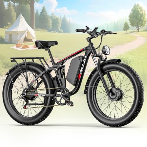 3000W Dual Motors Electric Bike for Adults, 52V 25Ah 26" Fat Tire Fast 36 mph up to 100 Miles Full Suspension Hydraulic Brake Class 3 AWD Off Road Mountain Hunting Ebike