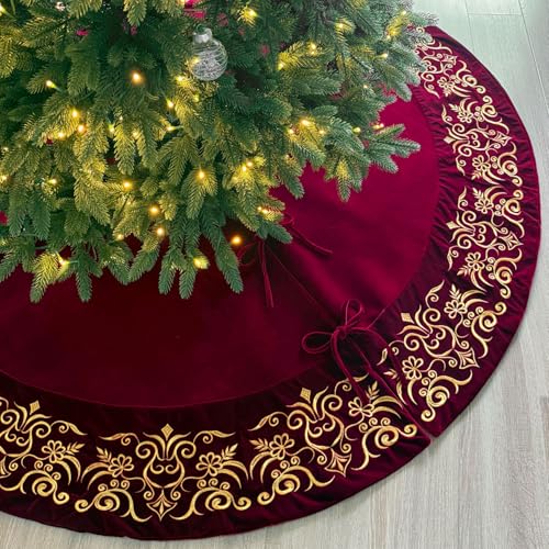 Burgundy Victorian Velvet Christmas Tree Skirt with Gold Damask Embroidery Q6345