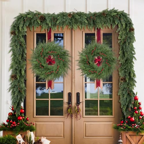 Lush Christmas Wreath with Red Berries 24 inch Faux Cedar for Front Door P46434