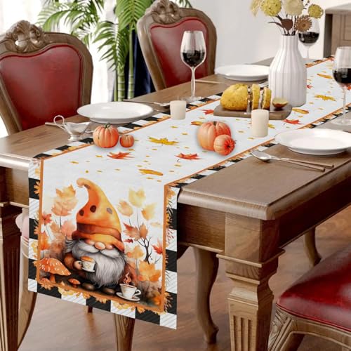 Fall Table Runner 13x90 Inch Mushroom Gnome Maple Leaf Autumn Thanksgiving Decor B66887