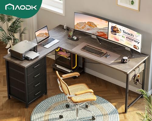 AODK L Shaped Gaming Desk with 4 Drawers, Power Outlets, Black P81263