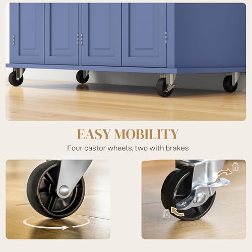 HOMCOM Kitchen Island on Wheels with Rubberwood Top, Navy Blue X7812