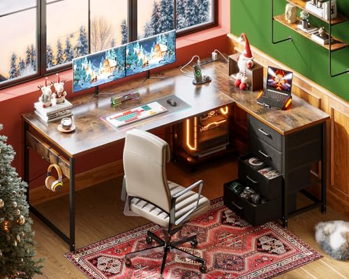 AODK L Shaped Gaming Desk with 4 Drawers, Power Outlets, Black P81263