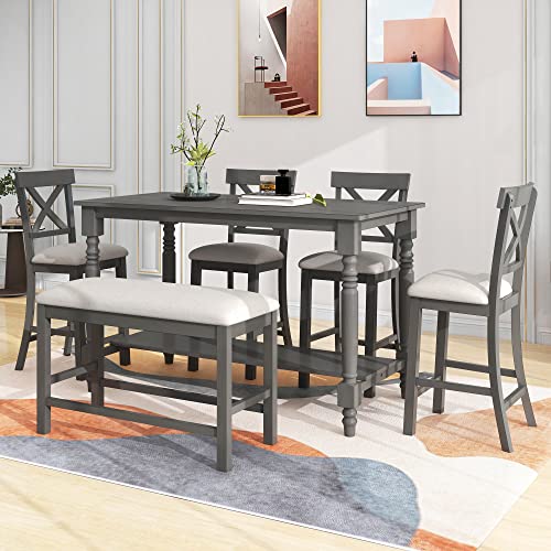 UBGO 6-Piece Counter Height Dining Table with Shelf, 4 Chairs and Bench, Gray C357
