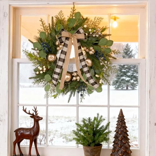24 Inch Christmas Wreath for Front Door with Storage Bag, Gold Apple & Blue/White Berry, Buffalo Plaid Bow O585