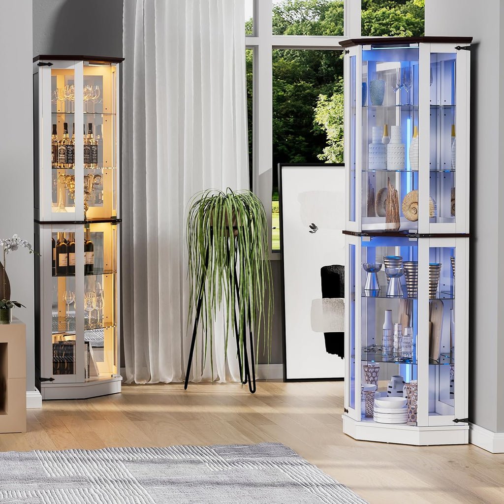 PAKASEPT 71'' Farmhouse Curio Cabinet with LED Lights, Tempered Glass Doors, White A458