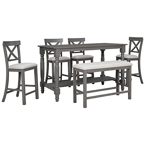 UBGO 6-Piece Counter Height Dining Table with Shelf, 4 Chairs and Bench, Gray C357