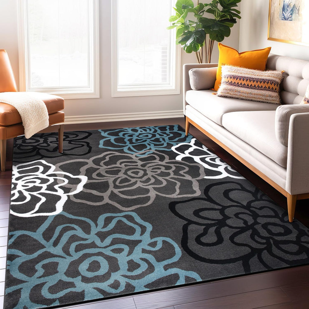 Rugshop Contemporary Modern Floral Abstract Flowers Easy Maintenance for Home Office, Living Room, Bedroom, Kitchen Soft Area Rug 5' 3" X 7' 3" Gray
