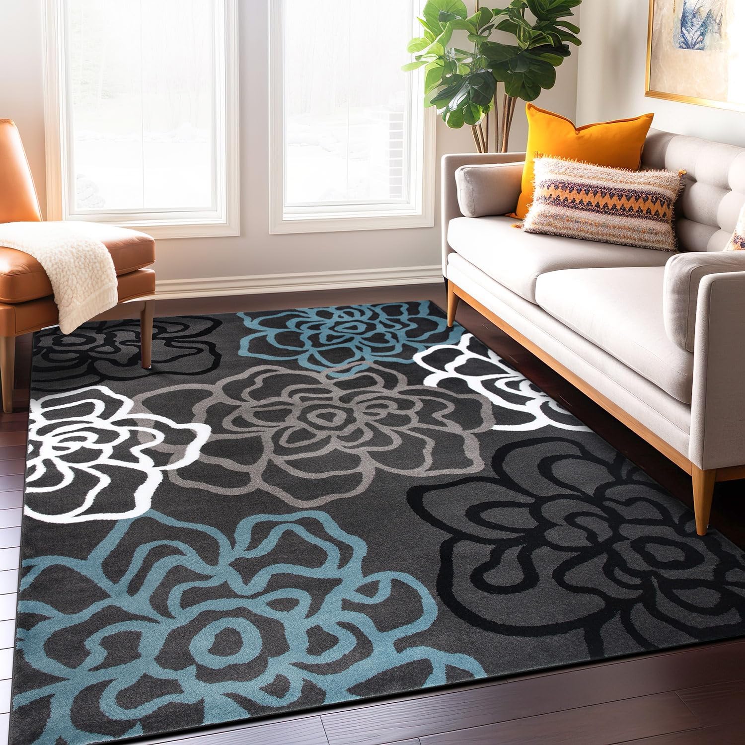 Rugshop Contemporary Modern Floral Abstract Flowers Easy Maintenance for Home Office, Living Room, Bedroom, Kitchen Soft Area Rug 5' 3" X 7' 3" Gray