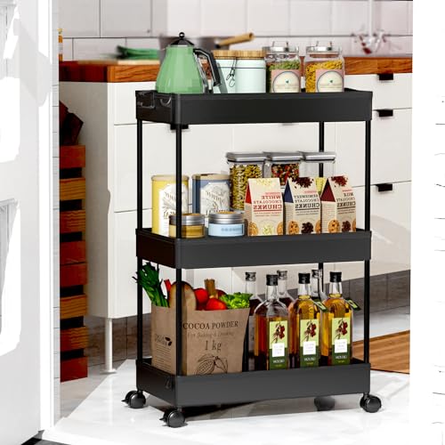 SPACEKEEPER 3 Tier Rolling Storage Cart, Black Q90327