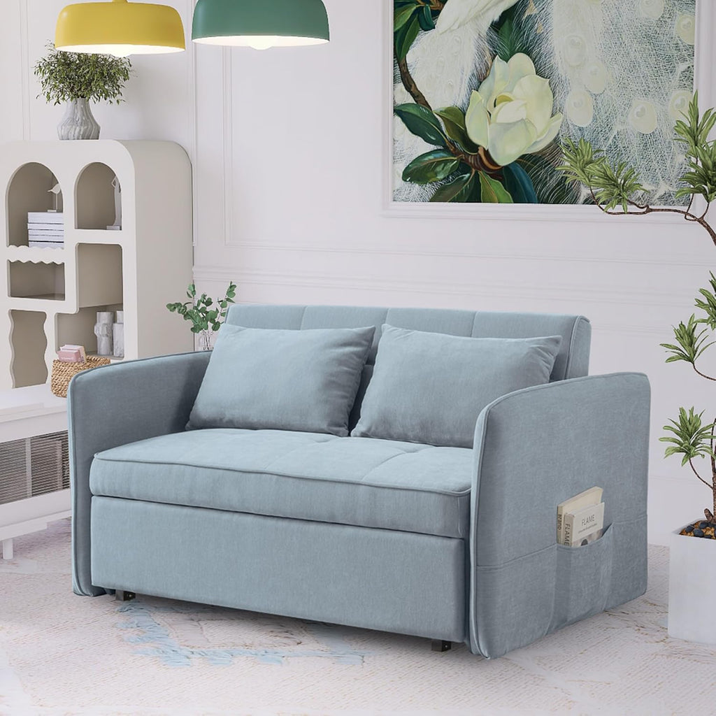 53.5in 3 in 1 Multi-Function Chenille Fabric Double Sofa Bed Post-Modern Minimalist with Pull-Out Bed with Adjustable Backrest/Lumbar Pillow/Side Pockets Storage, Bluish Grey, SFC848003