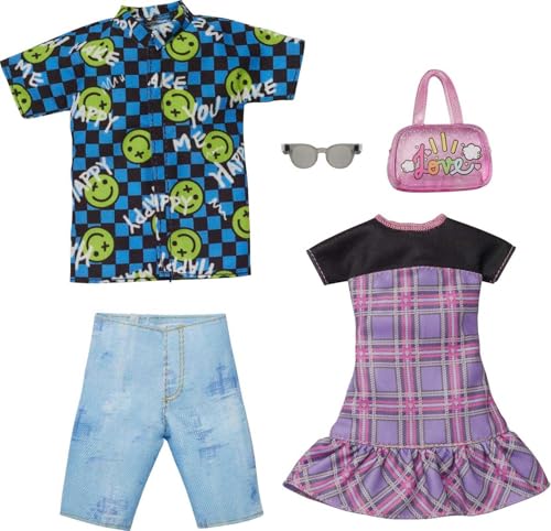 Barbie & Ken Fashions 2-Pack Clothing & Accessories Set, 1 Plaid Dress & Purse for Barbie Doll & 1 Smiley Face Shirt, Denim Shorts & Sunglasses for Ken Doll