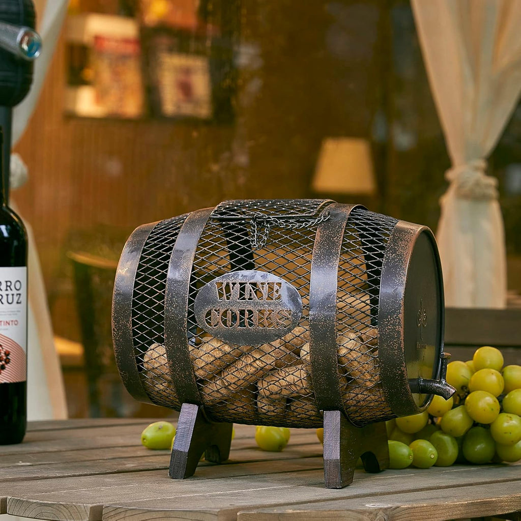 Rustic Metal Barrel Wine Cork Holder with Wooden Stand Z81334