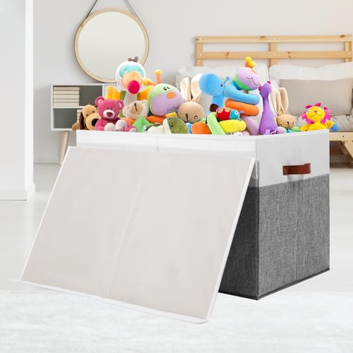 Large Toy Storage Box with Lid and Dividers for Kids, Beige and White X95078