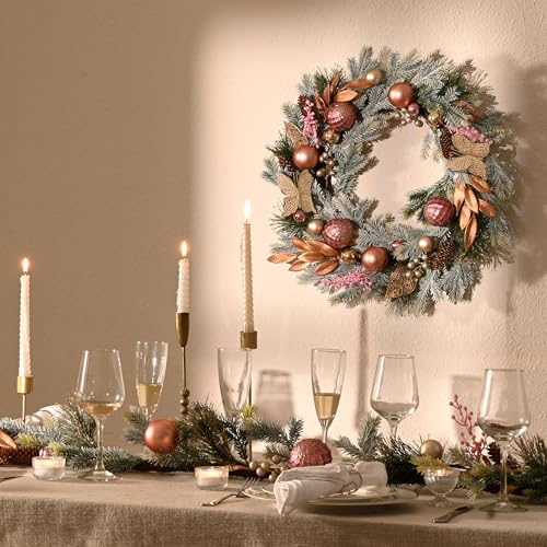 DecorbyHannah 24" Pre-Lit Pink Christmas Wreath with Ornaments Z91208